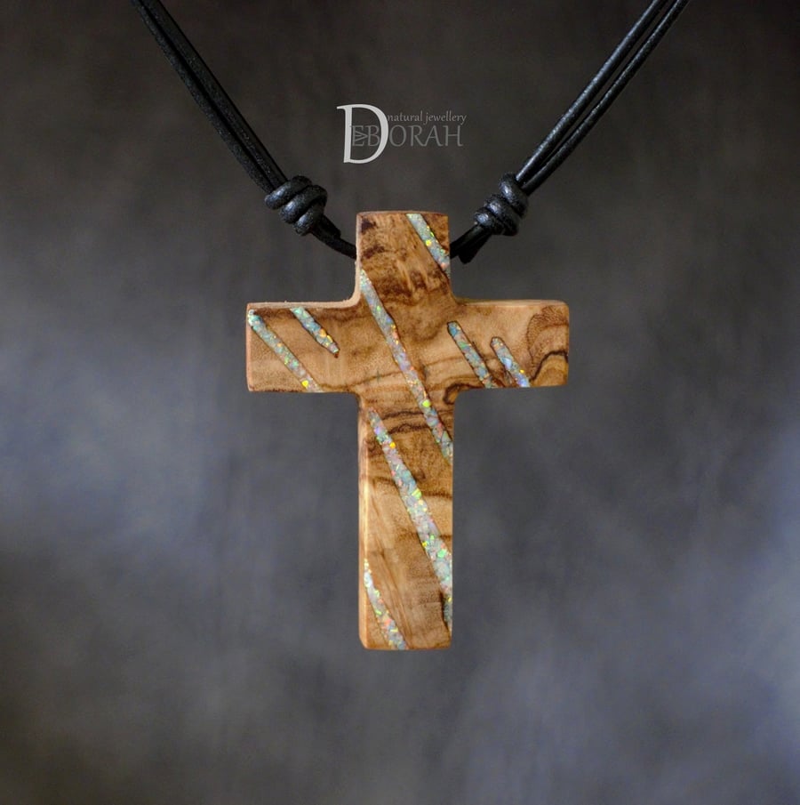 Cross Necklace. Olive Wood & White Fire Opal Stone Inlay. Memorial Jesus Christ