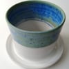 Handmade thrown ceramic pottery plant pot with plate, white and blue-green glaze