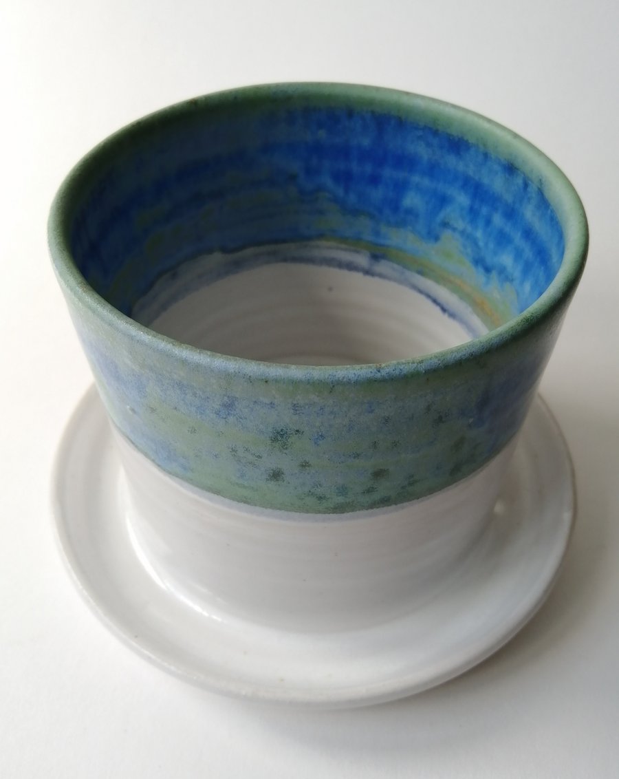 Handmade thrown ceramic pottery plant pot with plate, white and blue-green glaze
