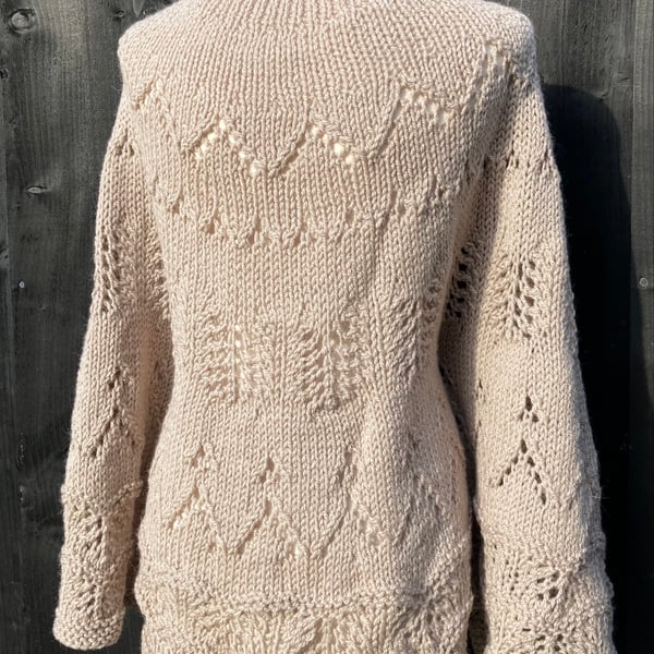One Off Handknitted Crescent Lace Shawl Scarf Wrap in Taupe Wool Blend