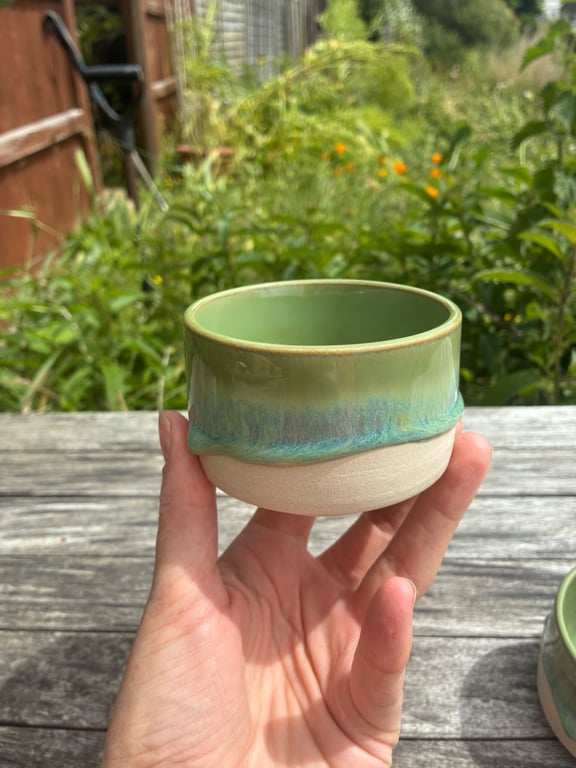 2 x Handmade Green Blue Ceramic Cups - Handleless Stoneware Cups (225 ml, 8oz)