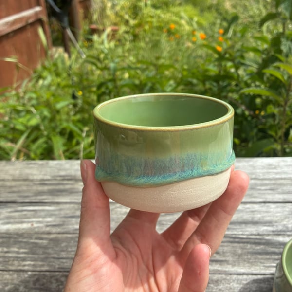 Handmade Green Blue Ceramic Cup - Handleless Stoneware Cup (225 ml, 8oz)