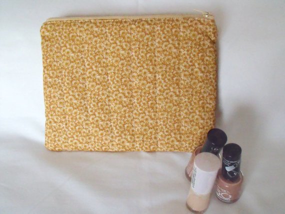 gold floral print zipped make up pouch, pencil case or crochet hook case
