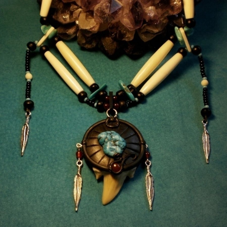 Shark tooth and turquoise bone necklace 