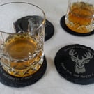 Set of 4 natural slate coasters. Engraved with the image of a stag.