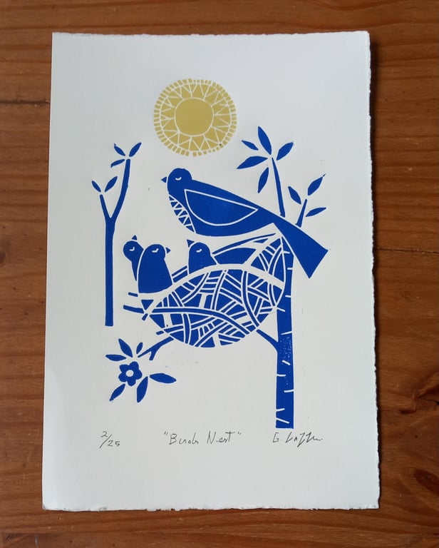 Birds Nest, Limited Edition Linocut, Original Print by Giuliana Lazzerini