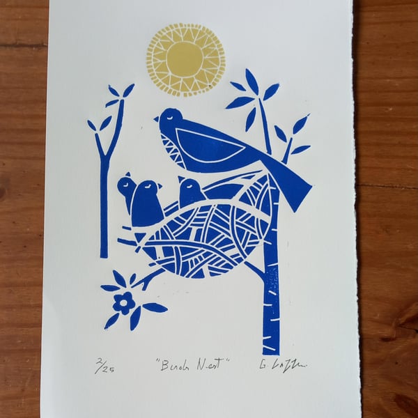 Birds Nest, Limited Edition Linocut, Original Print by Giuliana Lazzerini