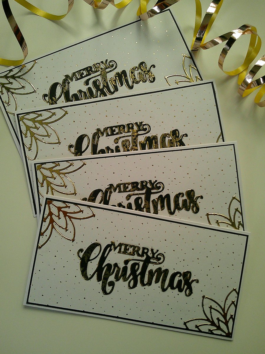 4 Luxury  Art Deco Inspired Mini Slimline Cards - Black & Gold Merry Christmas