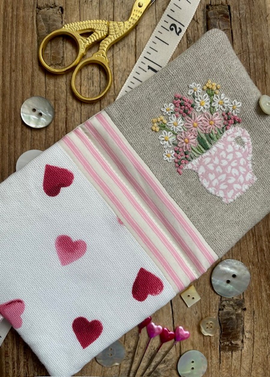 Hand embroidered needle case using Emma Bridgewater 'Pink Hearts' fabric