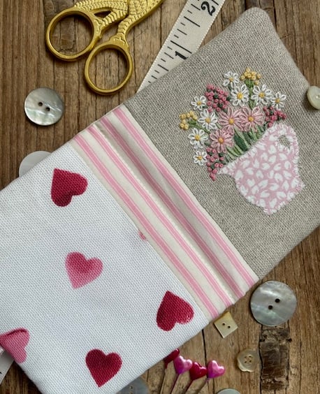 Hand embroidered needle case using Emma Bridgewater 'Pink Hearts' fabric