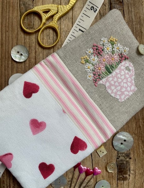 Hand embroidered needle case using Emma Bridgewater 'Pink Hearts' fabric