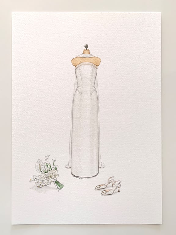 Custom hand drawn wedding dress, bouquet & shoes watercolour illustration