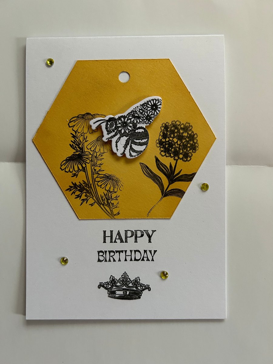 Handcrafted queen bee birthday card hand stamped floral bee crown rhinestone
