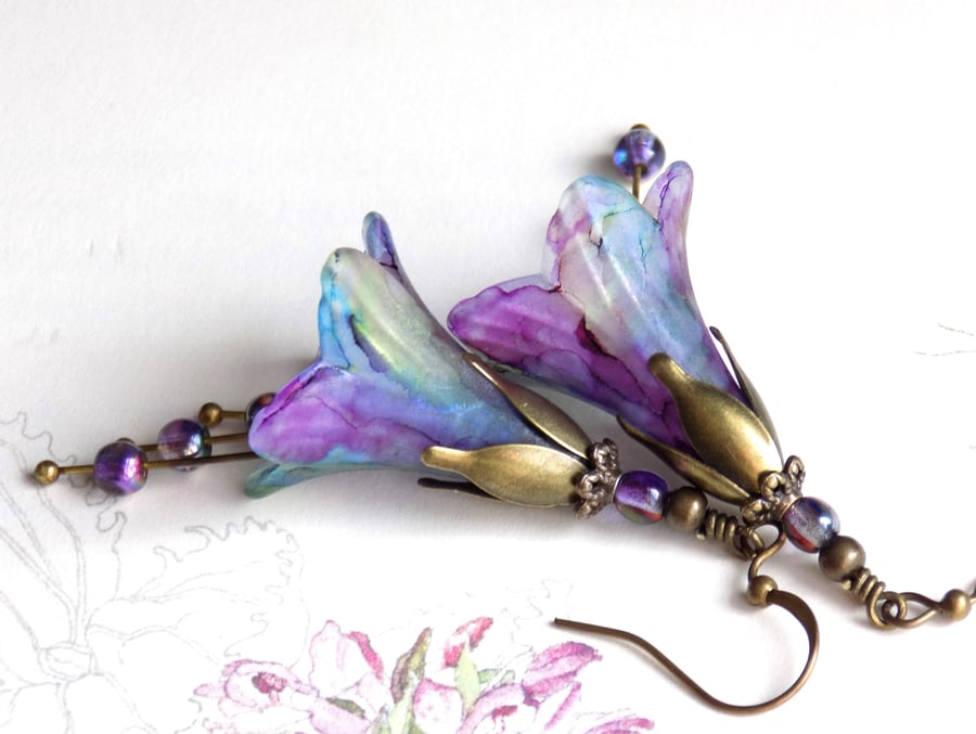 Purple Blue Green "Water Meadow" Hand Painted Lucite Flower Earrings