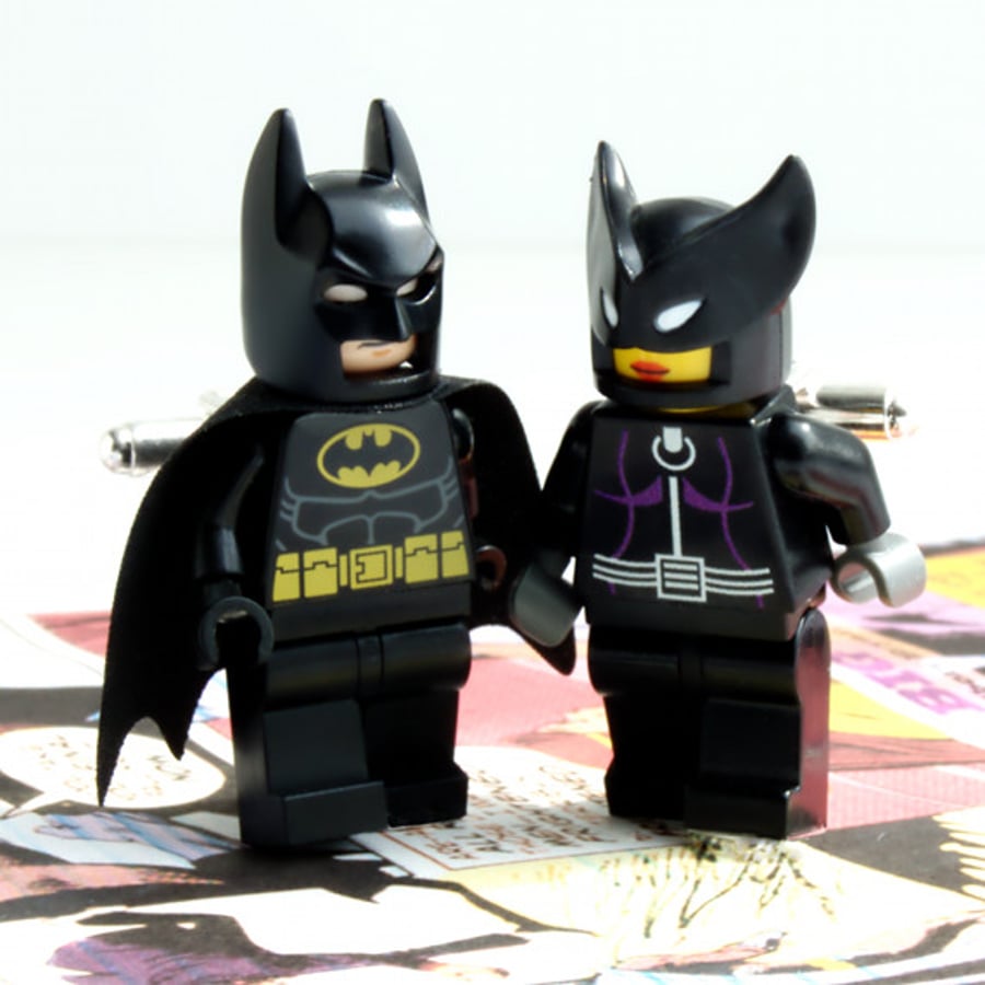 Batman and Catwoman Lego Cufflinks Flirtatious Superhero Fun