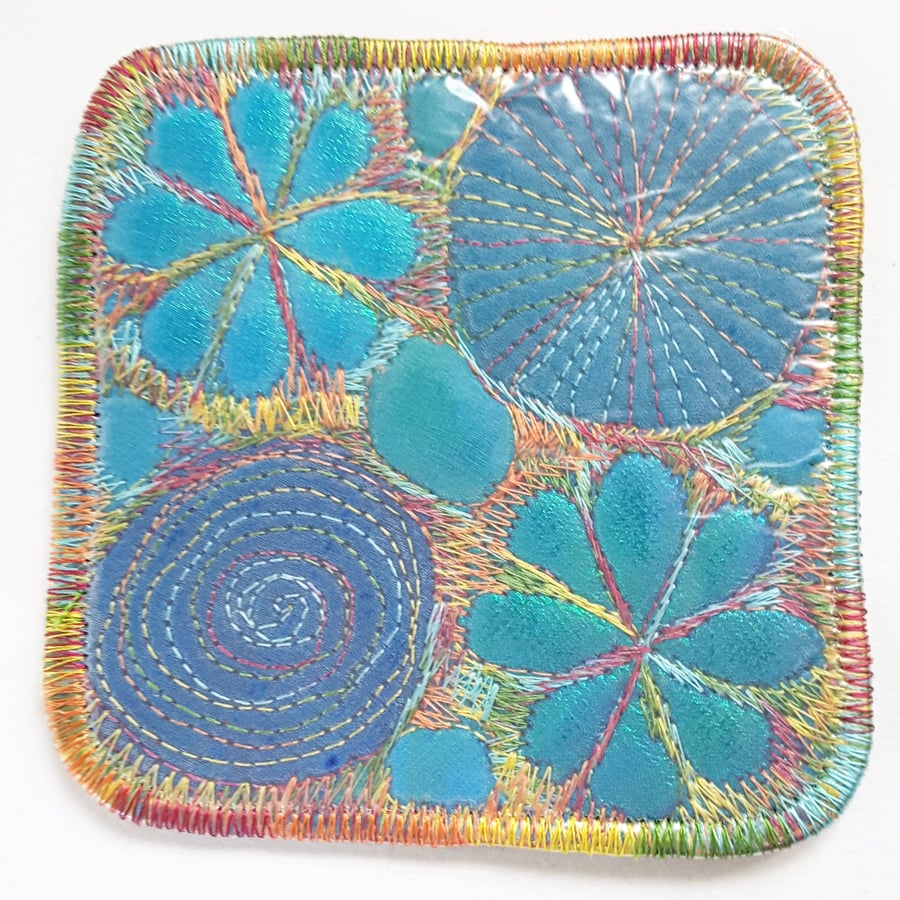 Coaster Drinks Mat Wipe Clean Hand Dyed Free Machine Embroidery Cork Backing