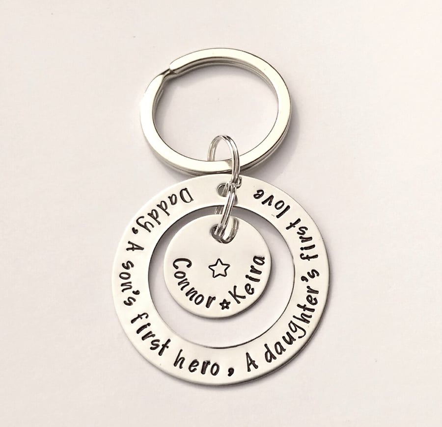 Personalised keyring Daddy, A son's first hero, A daughter's first love