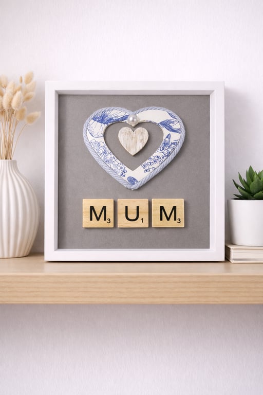 Handmade Decoupage Heart Frame 12cm x 12cm Matt White Grain Finish