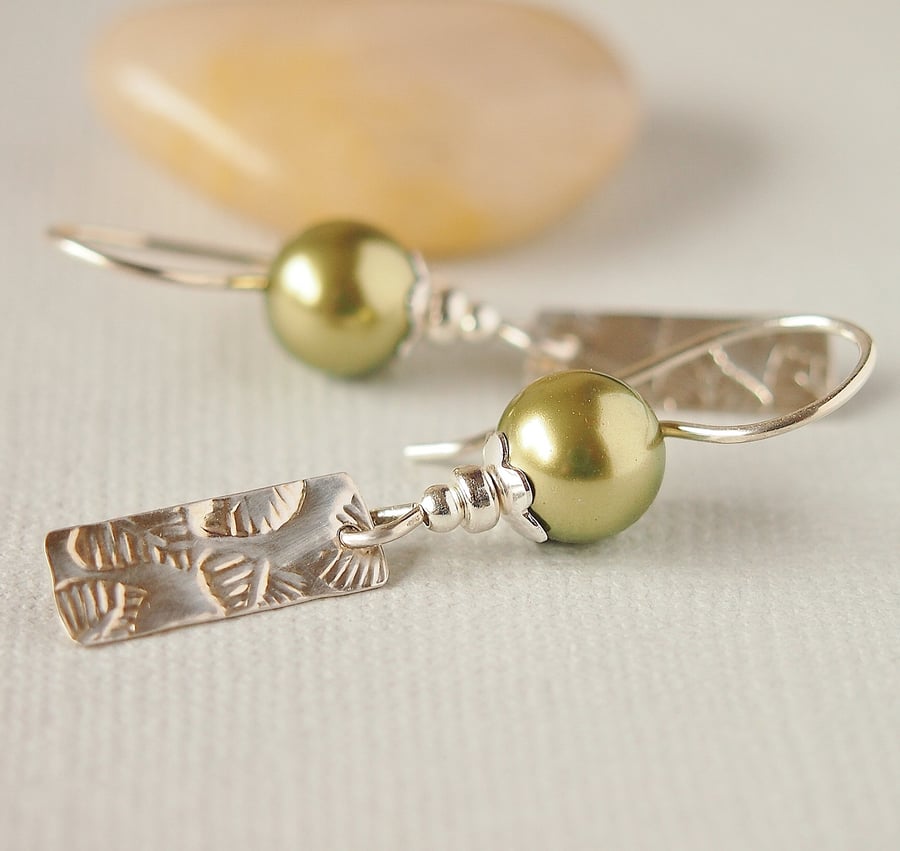 Green Pearl Earrings with Sterling Silver Leaf Print Drop