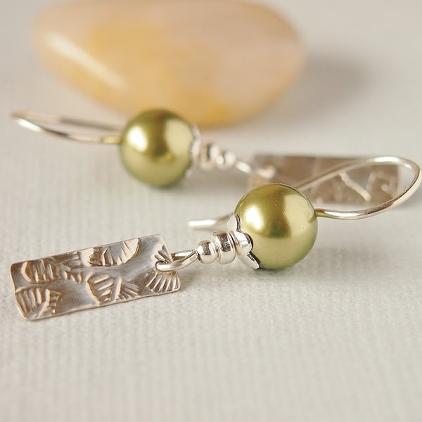 Green Pearl Earrings with Sterling Silver Leaf Print Drop