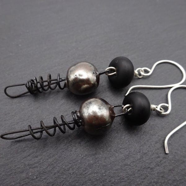 sterling silver earrings, black lampwork glass and ceramic