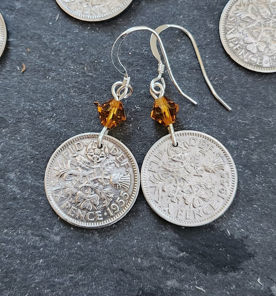Upcycled sixpence coin earrings with yellow bicone crystals