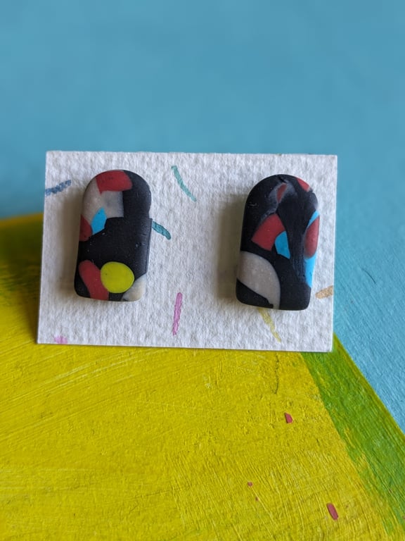 Multicoloured terrazzo arch-shape polymer clay stud earrings
