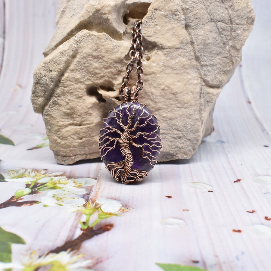 Wire Wrapped Amethyst and Copper Tree of Life Pendant