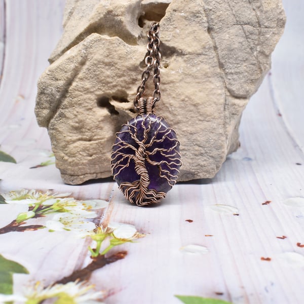 Wire Wrapped Amethyst and Copper Tree of Life Pendant