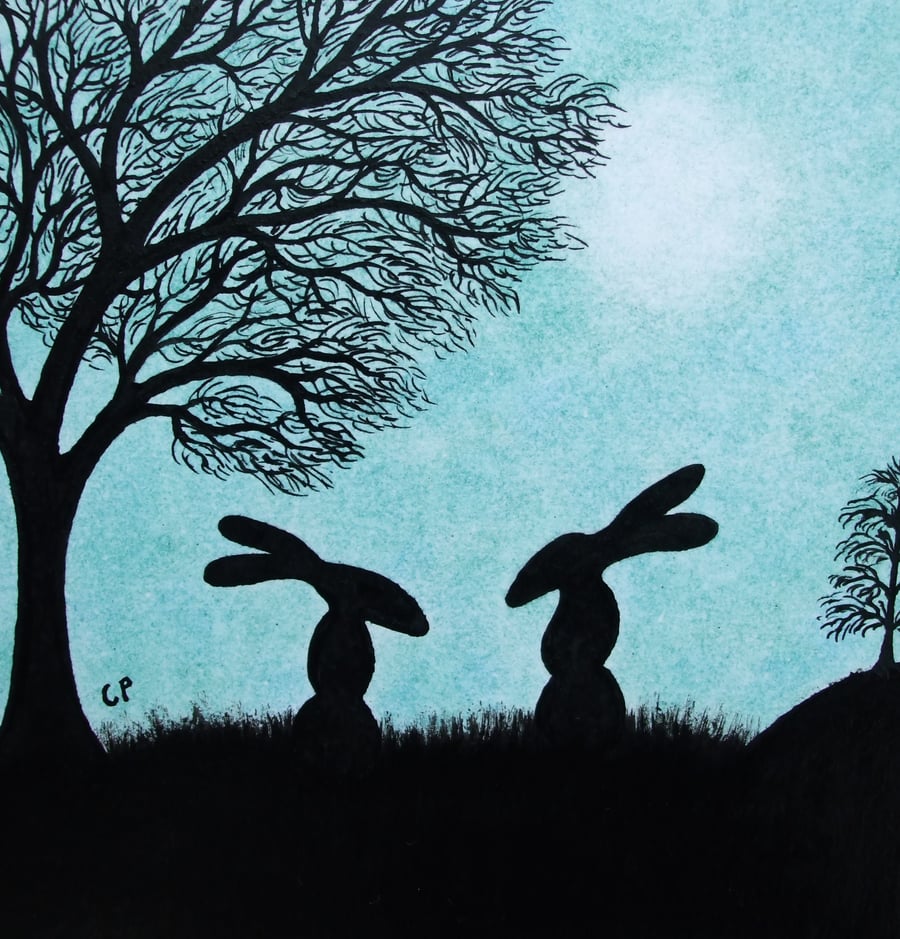 Rabbit Card, Easter Hare Card, Children Card, Bunny Moon Card, Silhouettes Tree