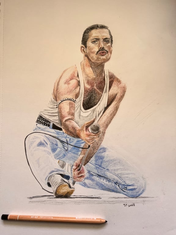 Original A3 portrait of Freddie Mercury at Live Aid 1985