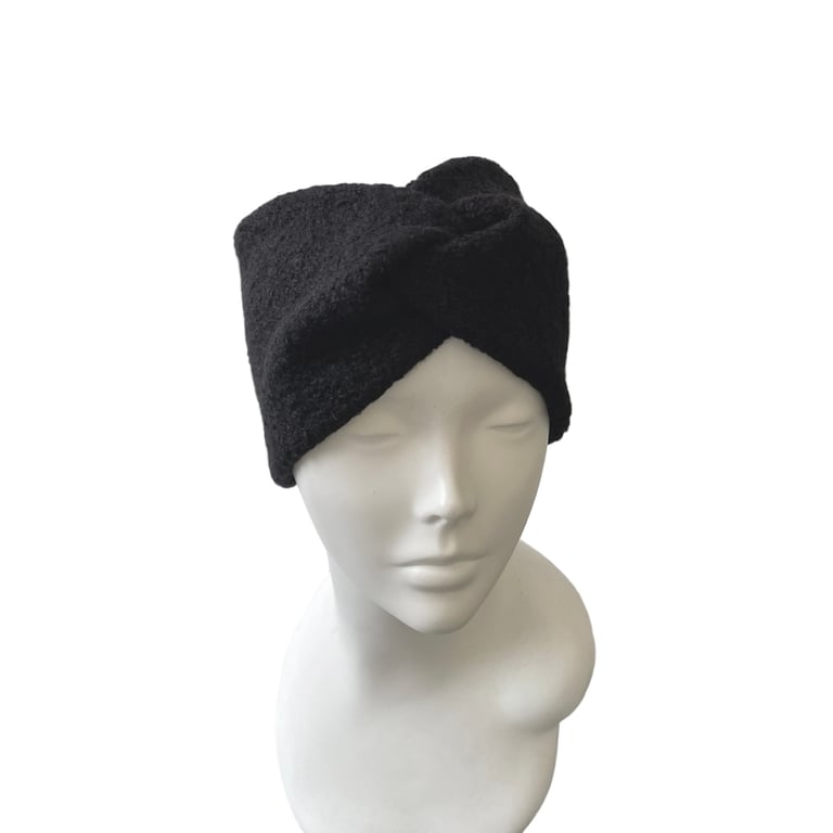 Satin lined ear warmer headband Black boucle fleece chunky winter headwrap 