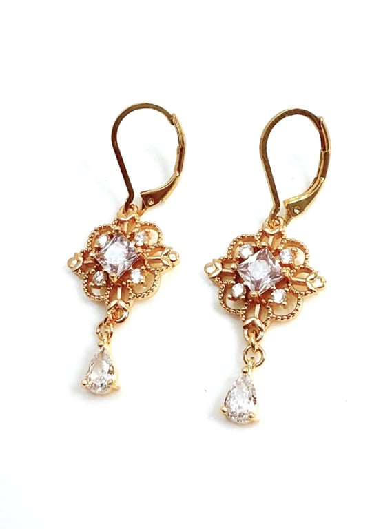Victorian Style Crystal Gold Earrings, Regency Flower Dangles