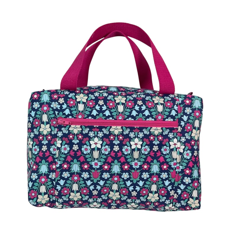 Large wash bag in Liberty cotton, floral toiletries bag with handles and pocket.