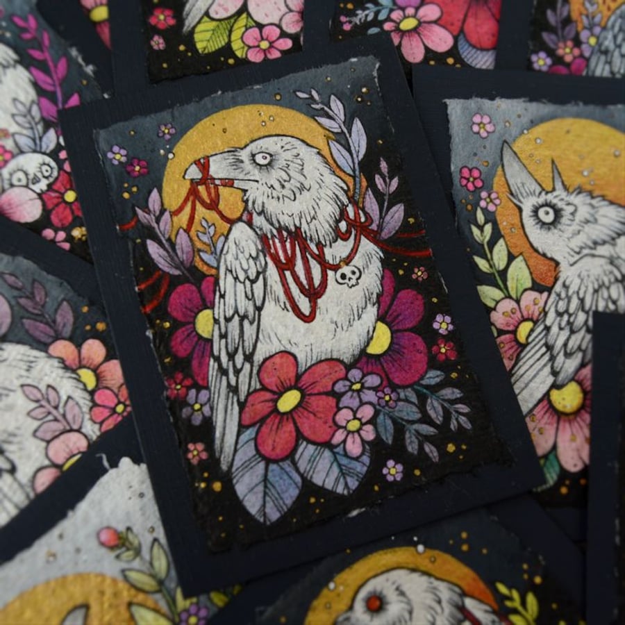 white raven in spring blossom - original aceo illustration