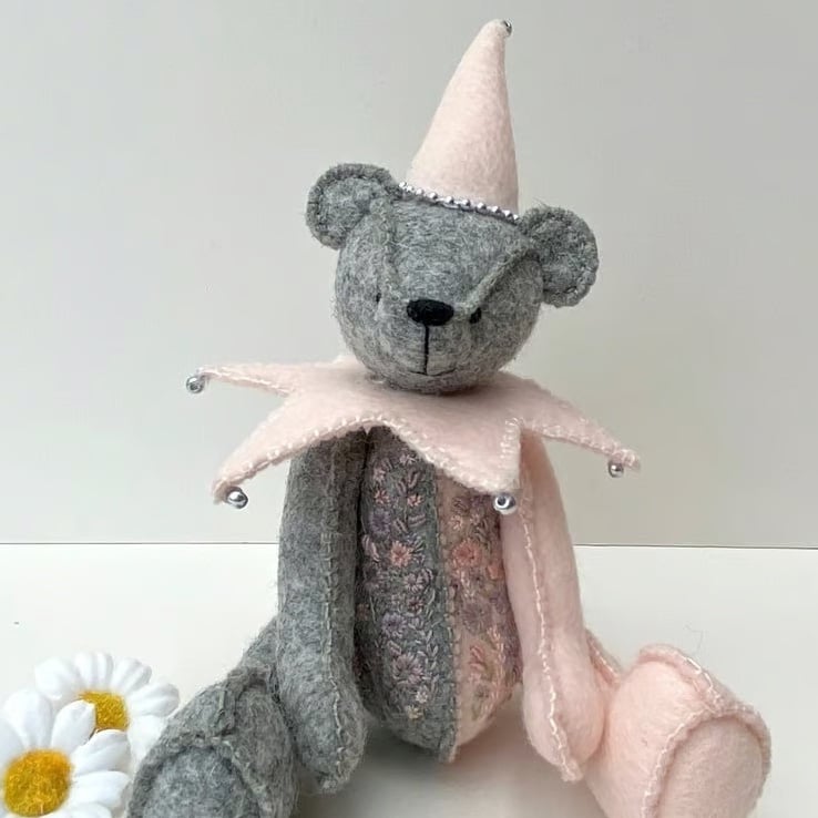 Jester teddy bear, one of a kind adult collectable hand embroidered artist bear