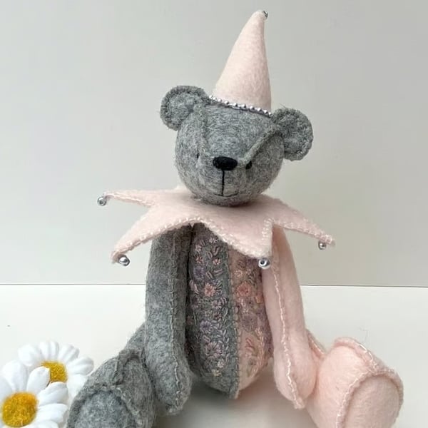 Jester teddy bear, one of a kind adult collectable hand embroidered artist bear