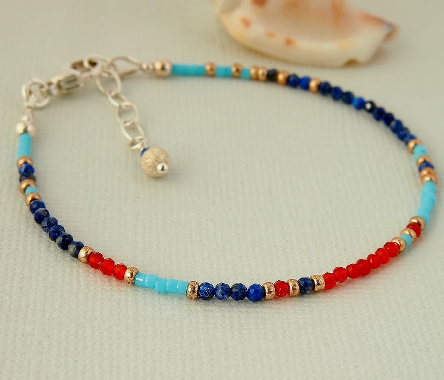 Gemstone Bracelet - Lapis Lazuli - Carnelian - Layering - Sterling Silver 