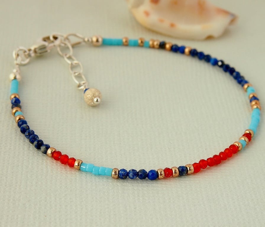 Gemstone Bracelet - Lapis Lazuli - Carnelian - Layering - Sterling Silver 
