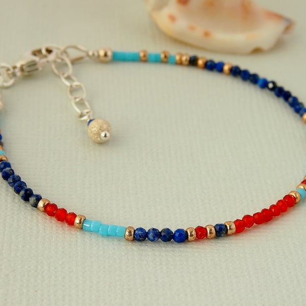 Gemstone Bracelet - Lapis Lazuli - Carnelian - Layering - Sterling Silver 