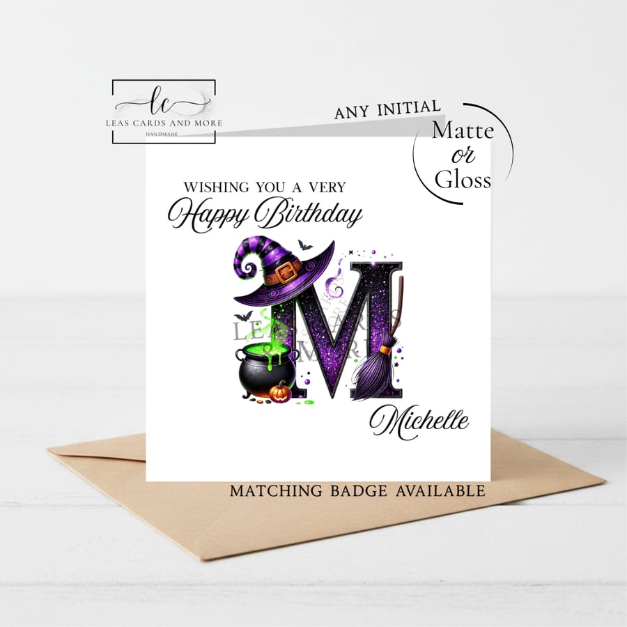 Any Initial - Purple Witch Alphabet Happy Birthday Card