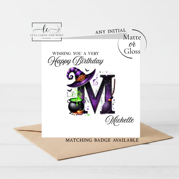 Any Initial - Purple Witch Alphabet Happy Birthday Card