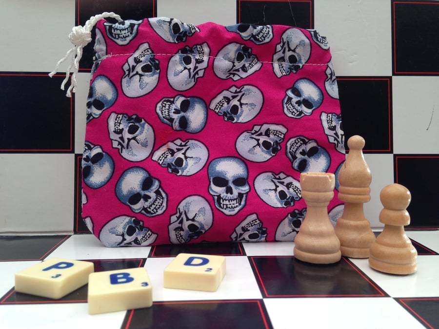 Pink and Grey Skulls Dice Games Bag, Store Chess Pieces, Dice, Tokens, Counters