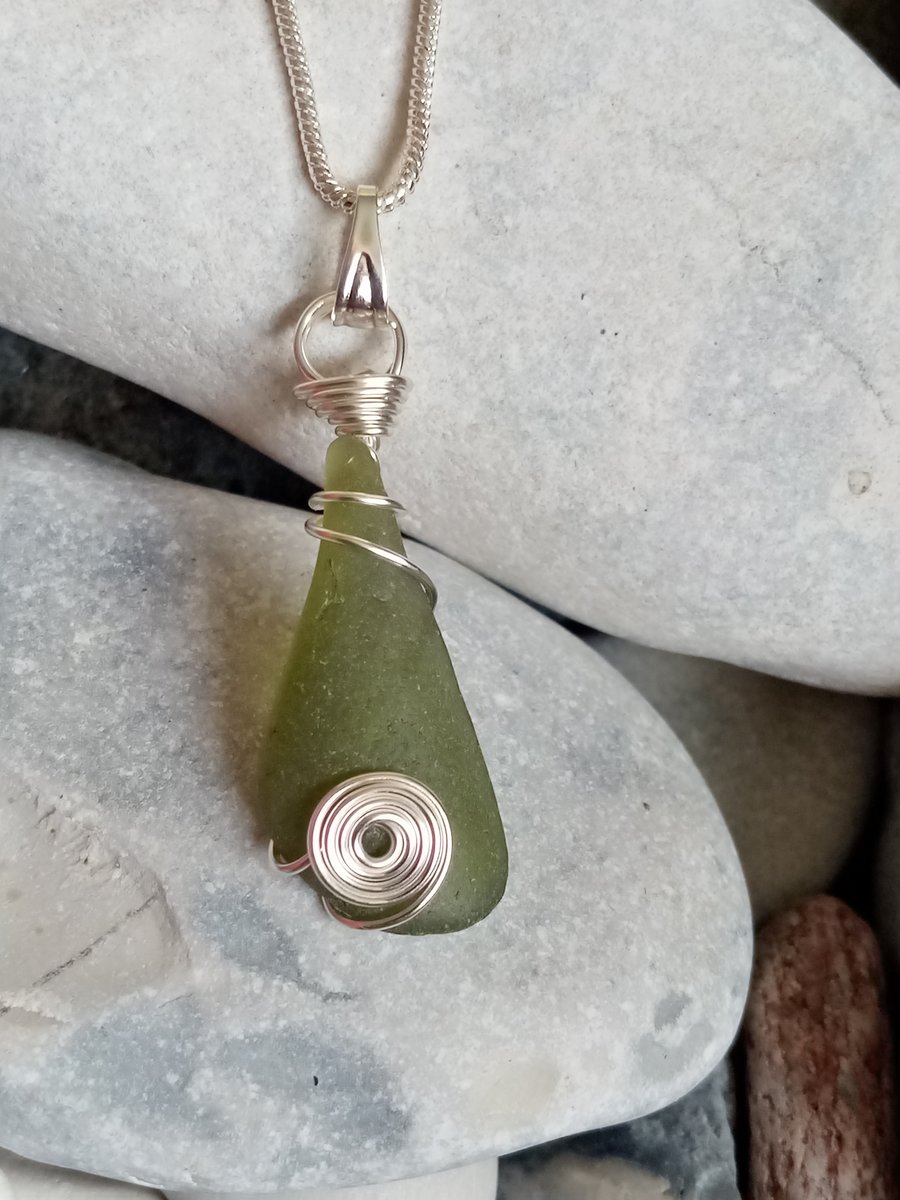 Wire-wrapped Sea glass pendant on a silver plated snake chain 