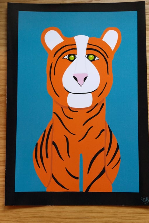 'Timid Tiger' A4 Print, blue & orange
