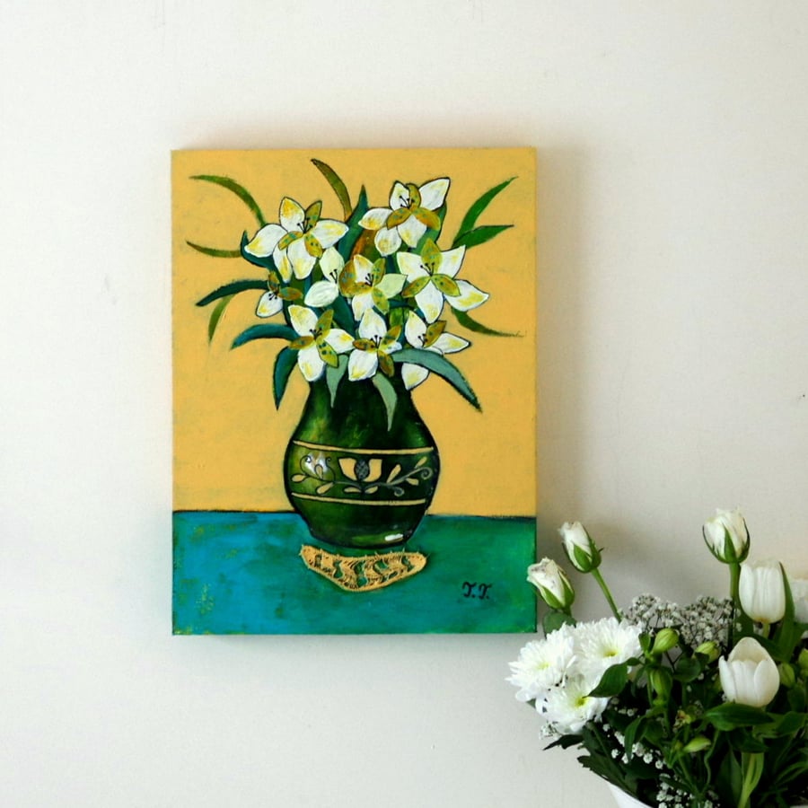 Green and Yellow Floral Painting with White Flowers in a Green Folk Vase