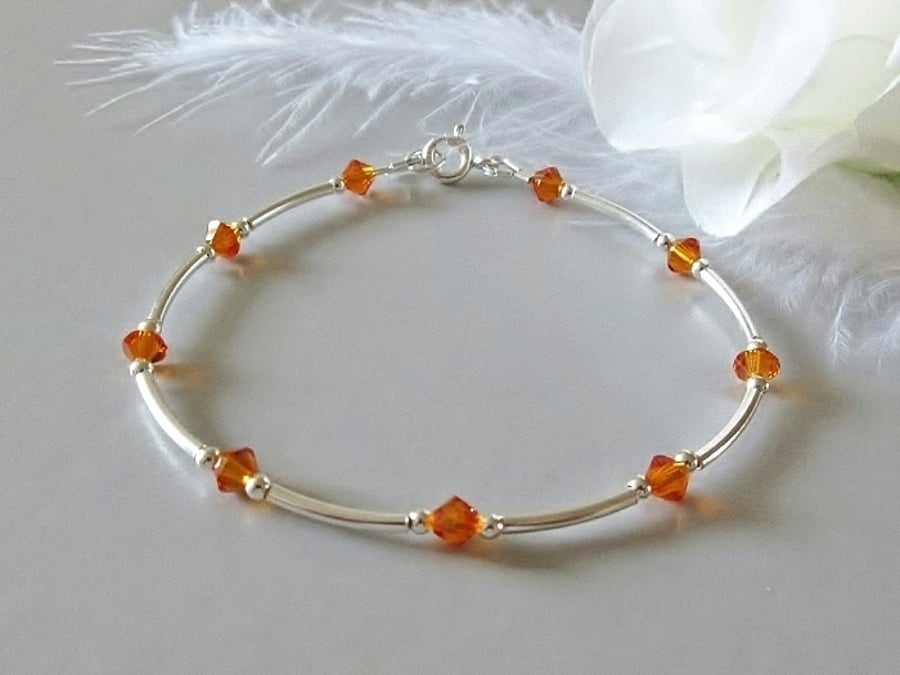 Tangerine Orange Crystals Bracelet With Sterling Silver Curved Tubes