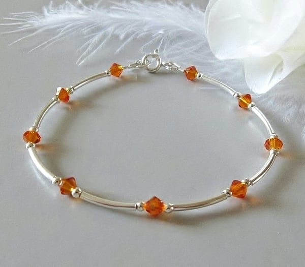 Tangerine Orange Crystals Bracelet With Sterling Silver Curved Tubes