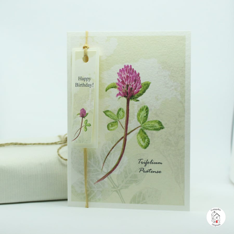 Red Clover Flower Greeting Card  With Tag, Hand Designed By CottageRts