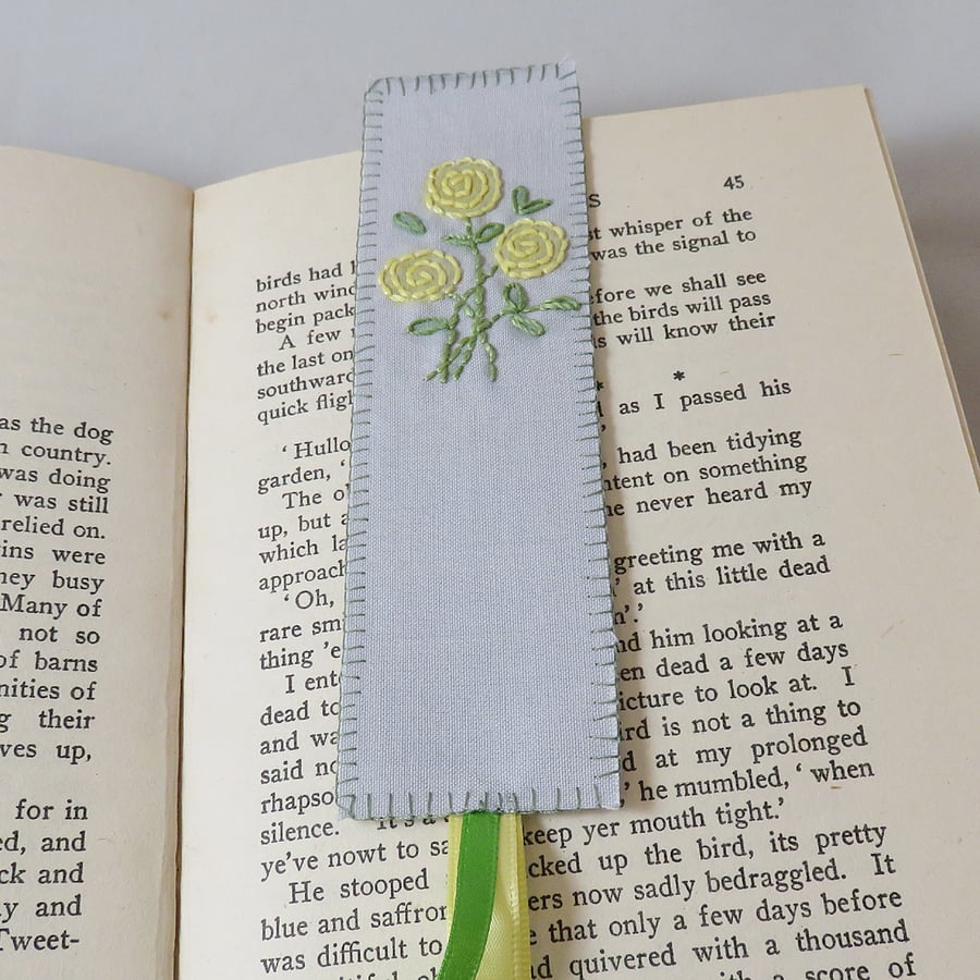 SALE - yellow Rose Bookmark - painted and stitched